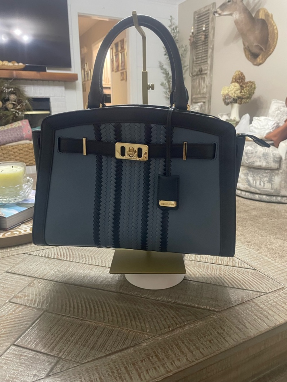 Michael Kors Karson Denim color Navy Small Pebbled Leather Satchel Purse
